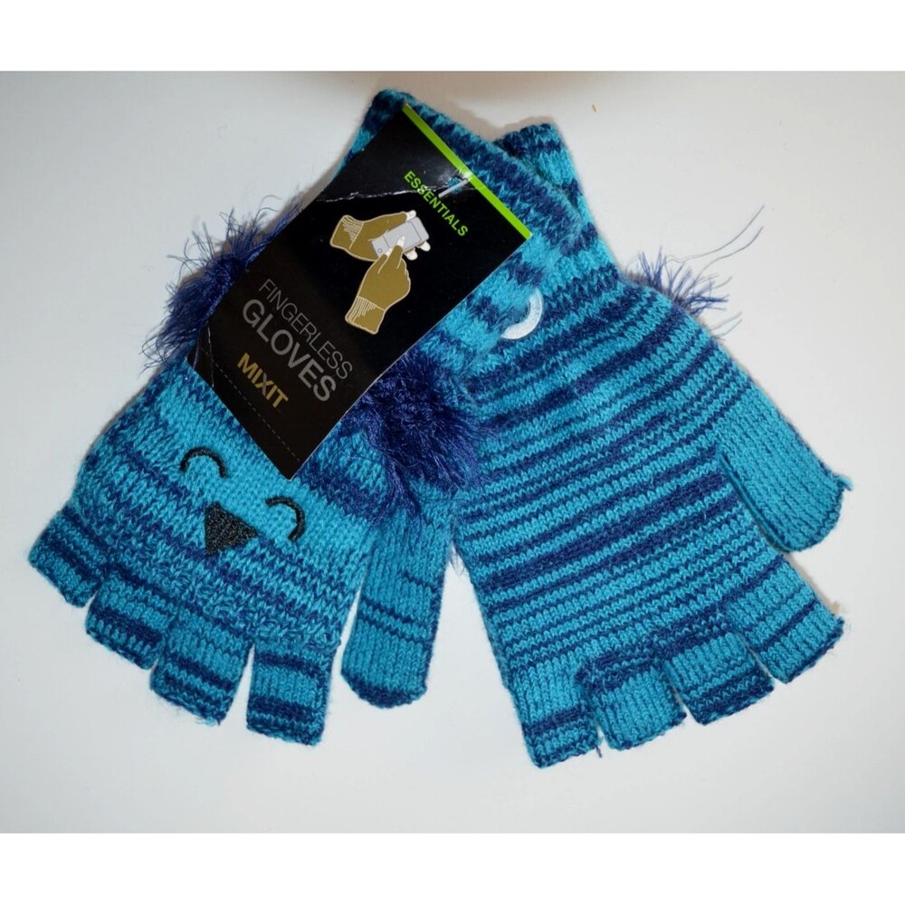 Mixit Fingerless Convertible Knit OWL Gloves Blue Striped Feathery Ears NEW OSFM